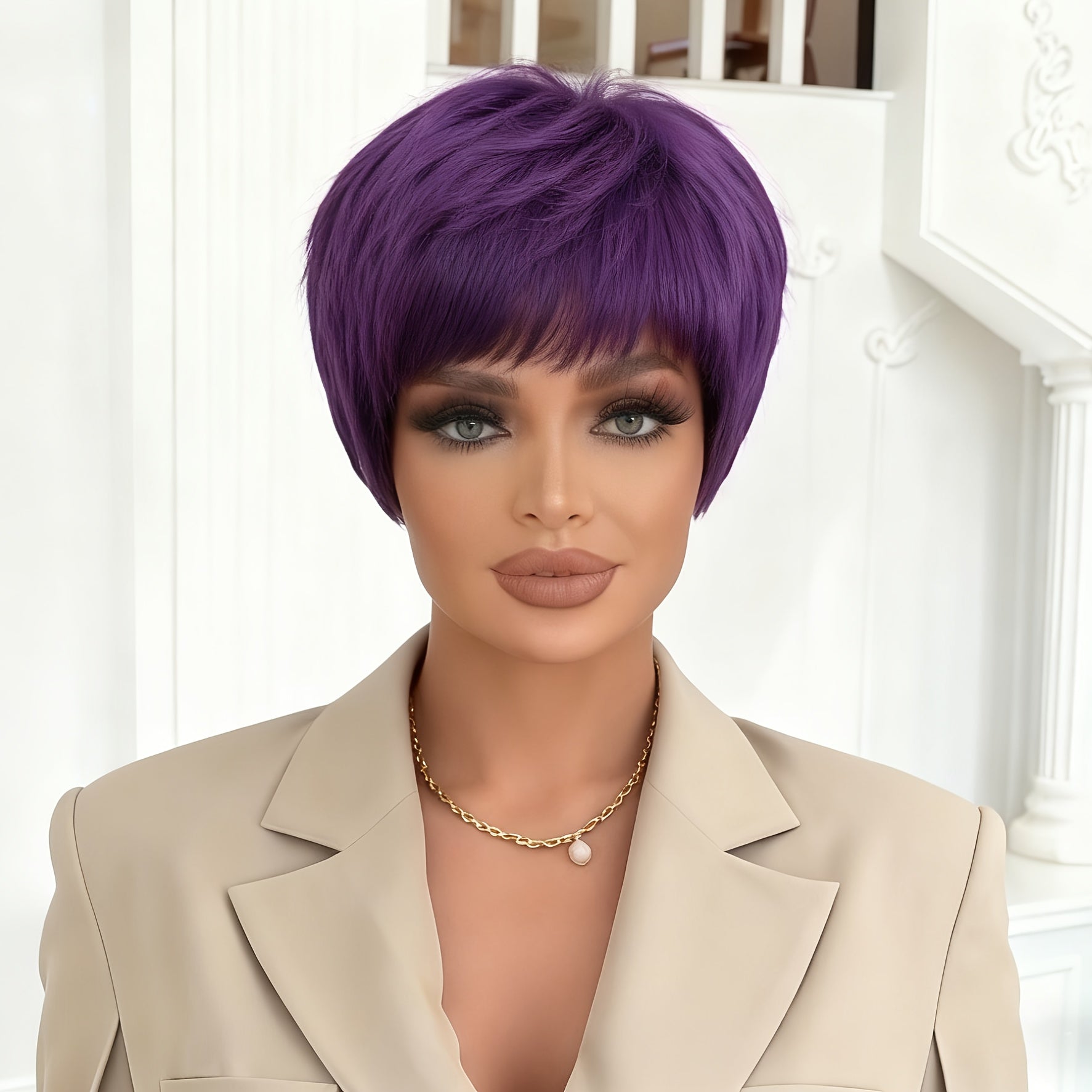4-Inch Purple Short Wig with High Density - Naturally Fluffy And Stylish Design, Made with a Rose Net Cap, Comfortable for Daily Wear\u002FCommuting\u002FCosplay\u002FParties, Easy to Maintain