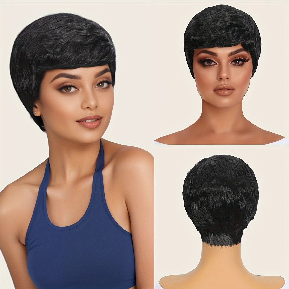 Women's Fashion Pixie Cut Wig Basic Style Rose Mesh Cap 150% High Density Black Pixie Short Wig 4 inches\u002F10.2cm Natural Voluminous Style Glue-Free Full-Machine Breathable Mesh Cap Ideal for Cosplay