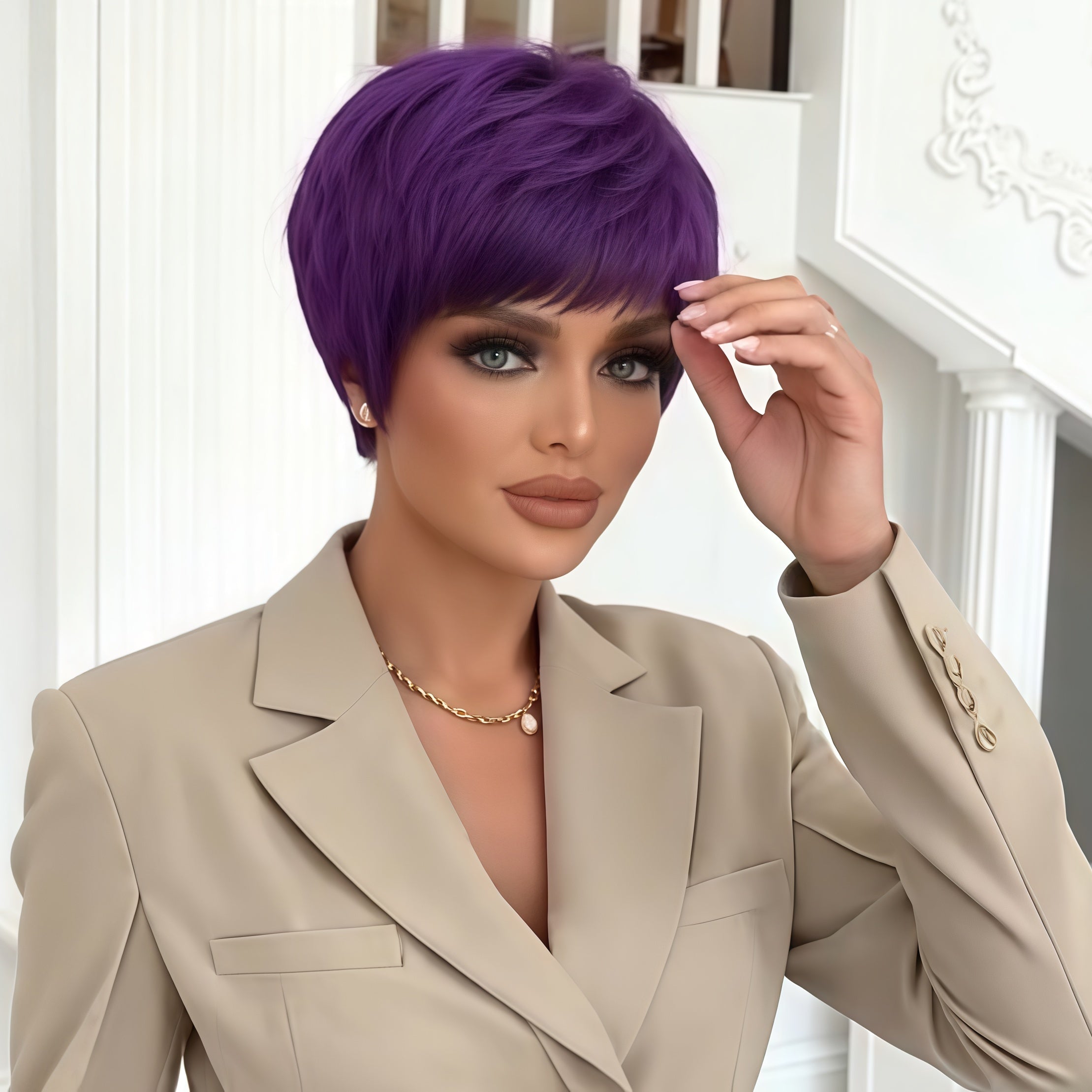 4-Inch Purple Short Wig with High Density - Naturally Fluffy And Stylish Design, Made with a Rose Net Cap, Comfortable for Daily Wear\u002FCommuting\u002FCosplay\u002FParties, Easy to Maintain