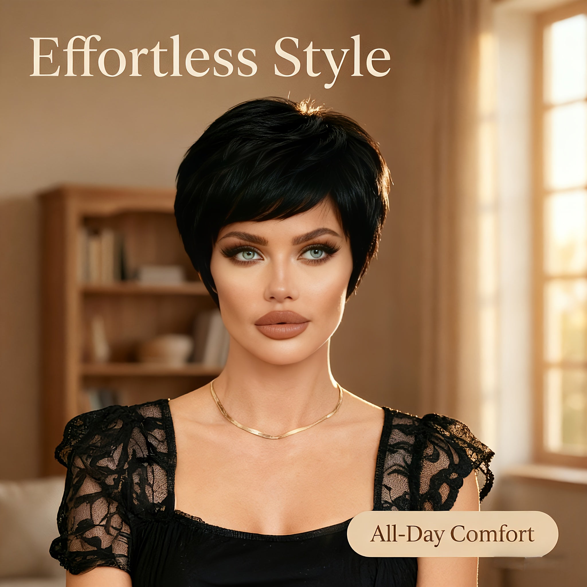 Black Short Wig 4 Inch(10.2cm) 150% High Density - Natural Fluffy Rose Net Cap Full Machine Made, Comfortable for Daily Wear\u002FCommute\u002FCosplay\u002FParty