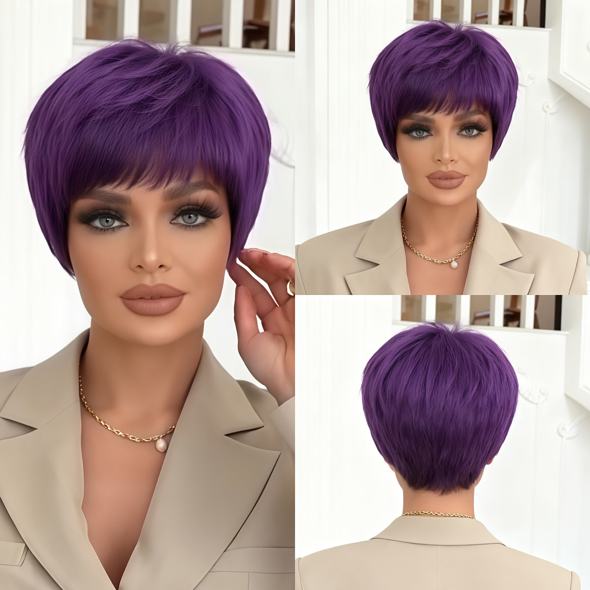 4-Inch Purple Short Wig with High Density - Naturally Fluffy And Stylish Design, Made with a Rose Net Cap, Comfortable for Daily Wear\u002FCommuting\u002FCosplay\u002FParties, Easy to Maintain